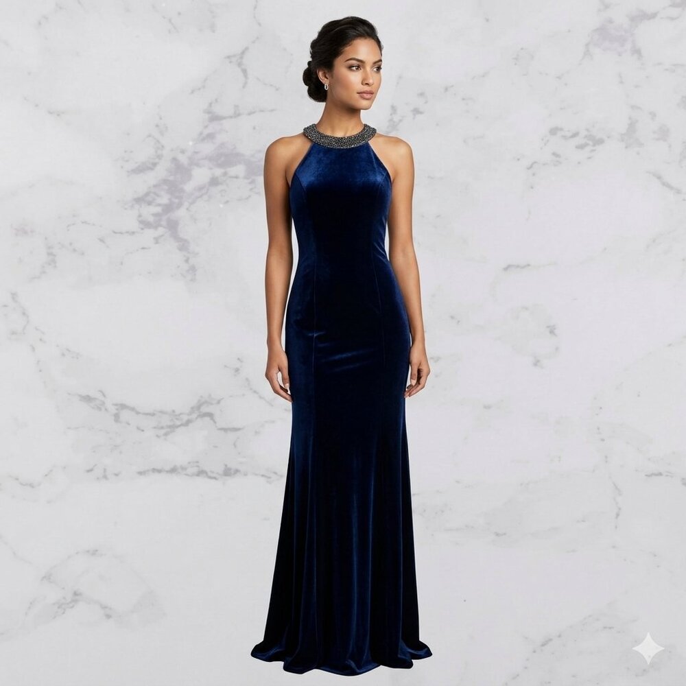 Alex Evenings Velvet Halter Beaded Collar Formal Maxi Gown Dress Sz 10 Midnight